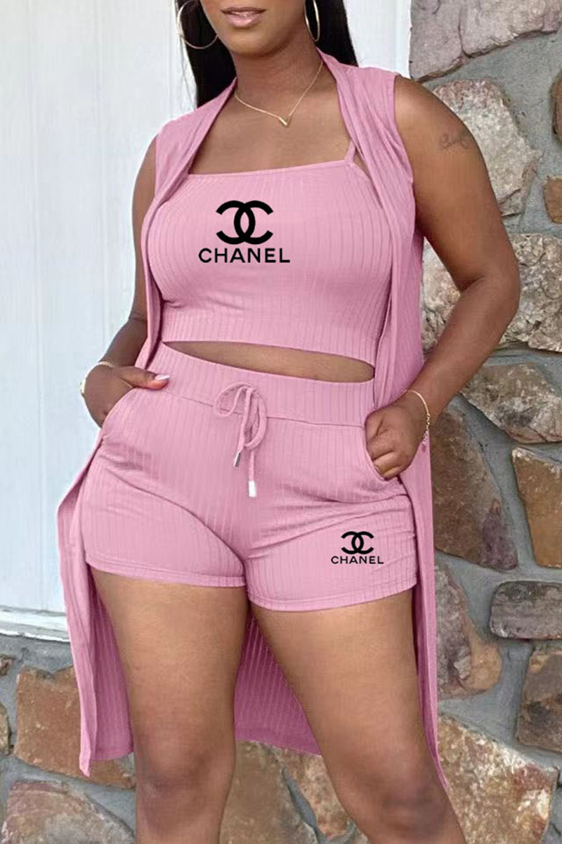 

Pink Fashion Casual Print Letter Spaghetti Strap Sleeveless Three Pieces