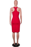 赤のセクシーなソリッドパッチワークスパゲッティストラップワンステップスカートドレス
