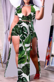Verde moda casual estampa patchwork fenda decote em v plus size duas peças