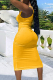 Amarillo sexy sólido patchwork correa de espagueti un paso falda vestidos