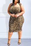 Leopard Print Fashion Casual Print Leopard Patchwork Oblique Collar Sleeveless Dress Plus Size Dresses