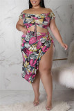 Bruinheid Mode Sexy Print Backless Slit Off the Shoulder Plus Size Two Pieces