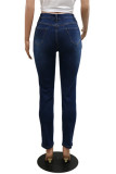 Svart Mode Casual Solid Tofs Patchwork Skinny Denim Jeans med mitten av midjan