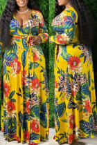 イエロー ファッション カジュアル プリント バンデージ パッチワーク V ネック ロング スリーブ プラス サイズ ドレス