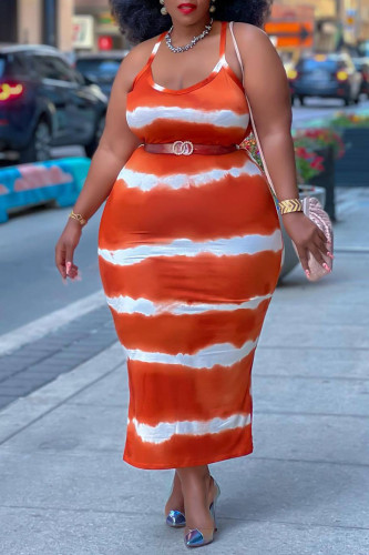 Tangerine Casual Striped Print Split Joint Spaghetti Strap Sling Dress Plus Size Dresses (Without Belt)