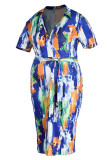 Azul laranja sexy estampa graffiti patchwork decote em v saia de um passo vestidos plus size
