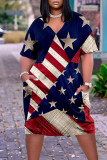 Повседневные платья цвета индиго с принтом в стиле пэчворк и V-образным вырезом