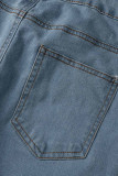 Голубые сексуальные уличные однотонные рваные джинсы в стиле пэчворк с высокой талией и джинсовыми ботфортами