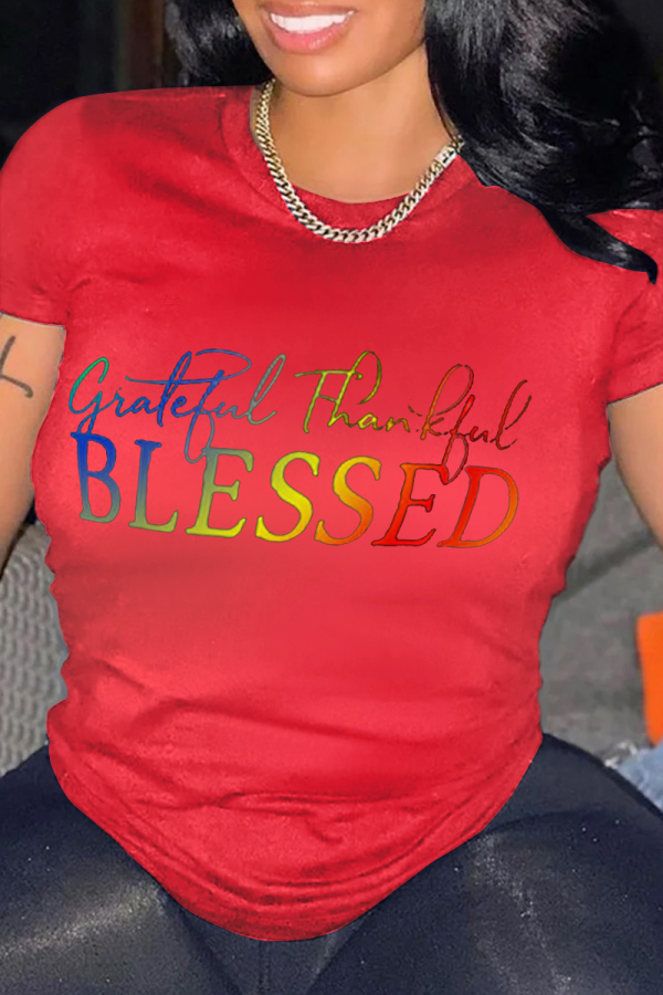 Camisetas de cuello redondo básicas con estampado de letras informales de moda rojo