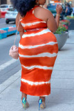 Tangerine Casual Striped Print Patchwork Spaghetti Strap Sling Dress Plus Size Dresses (Without Belt)