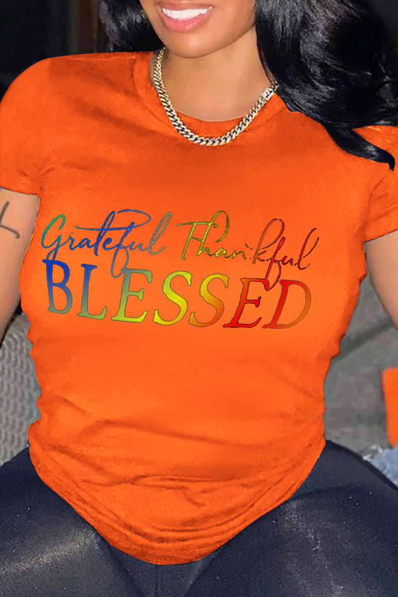 

Orange Fashion Casual Letter Print Basic O Neck T-Shirts