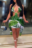 緑のセクシーなプリントタッセル包帯背中の開いたホルターワンステップスカートドレス