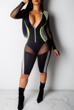 Black Sexy Solid Patchwork See-through Zipper Collar Regular Rompers