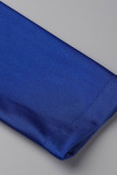 Vestido de noche de cuello oblicuo asimétrico de patchwork sólido de celebridades azules Vestidos