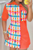 Stripe Casual Print Patchwork Buckle Turndown Collar Dresses