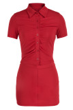 Red Sexy Solid Patchwork Buckle Turndown Collar Short Sleeve Two Pieces