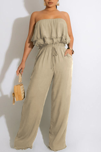 Khaki Casual Solid Split Joint Strapless Straight Jumpsuits