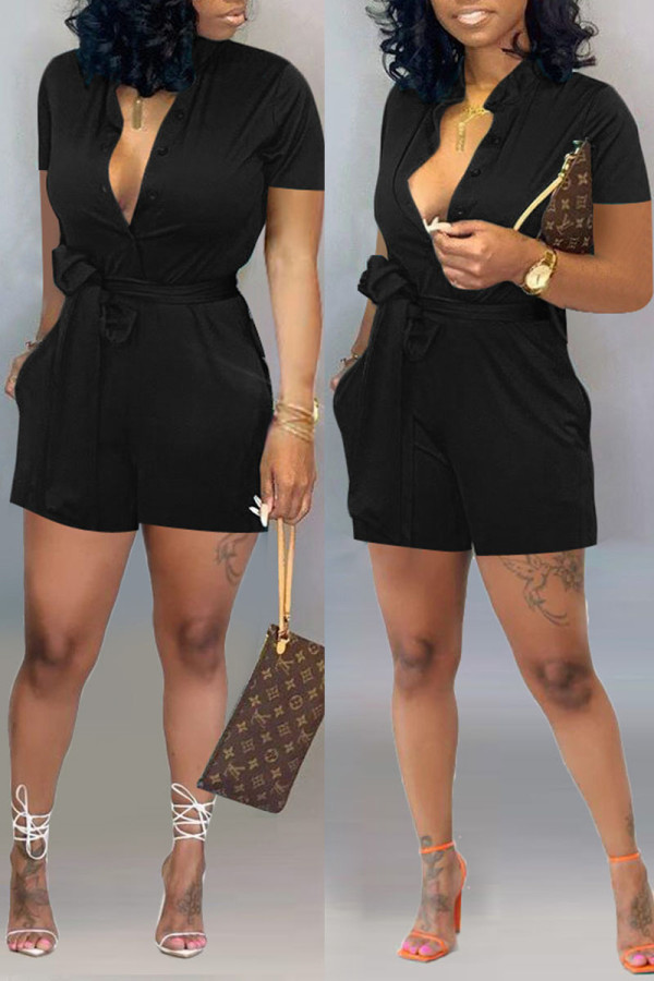 Black Casual Solid Bandage Patchwork Buckle Mandarin Collar Straight Rompers