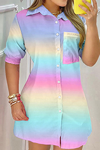 Colour Casual Print Patchwork Buckle Turndown Collar Dresses