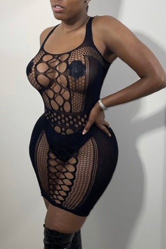 Black Sexy Solid Hollowed Out Mesh Spaghetti Strap Pencil Skirt Dresses