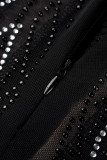 Negro sexy sólido patchwork transparente taladro caliente o cuello lápiz falda vestidos