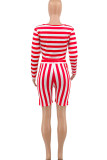 Red Casual Striped Print Patchwork Asymmetrical Collar Plus Size Two Pieces
