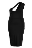 Black Sexy Solid Patchwork Slit Oblique Collar One Step Skirt Plus Size Dresses