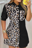 Estampado de leopardo Estampado informal Patchwork Hebilla Cuello vuelto Vestidos