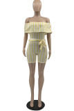 Yellow Casual Striped Print Patchwork Flounce Off the Shoulder Straight Rompers