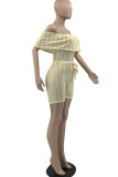 Yellow Casual Striped Print Patchwork Flounce Off the Shoulder Straight Rompers
