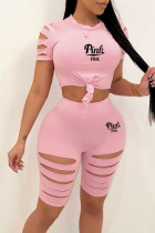 Pink Sexy Print Solide Ausgehöhltes Patchwork O-Ausschnitt Kurzarm Zweiteiler