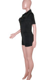 Black Casual Solid Patchwork Buckle Turndown Collar Straight Rompers