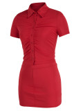 Red Sexy Solid Patchwork Buckle Turndown Collar Short Sleeve Two Pieces