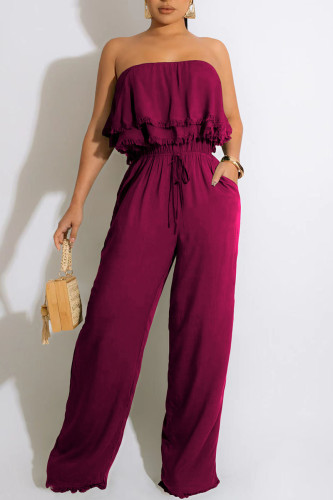 Burgundy Casual Solid Split Joint Strapless Straight Jumpsuits