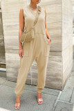 Gray Green Casual Solid Patchwork Pocket V Neck Loose Jumpsuits