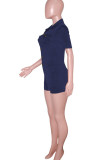 Deep Blue Casual Solid Patchwork Buckle Turndown Collar Straight Rompers