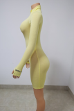 Gele mode-print skinny rompertjes met rits en kraag
