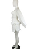 Witte zoete effen bandage patchwork volant asymmetrische vierkante kraag A-lijn jurken
