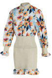 Khaki Fashion Casual Print Split Joint Buckle Flounce Fold Stringy Selvedge Mandarin Collar Dresses