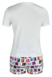 White Casual Street Print Patchwork O Neck Short Sleeve Two Pieces