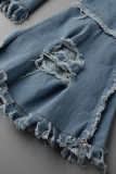 Calça Jeans Jeans Azul Bebê Sexy Street Sólido Rasgado Make Old Patchwork Cintura Alta Corte Bota