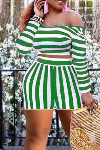 Green Casual Striped Print Split Joint Asymmetrical Collar Plus Size Two Pieces