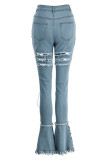 Baby Blue Sexy Street Solid Ripped Make Old Patchwork Cintura alta Boot Cut Denim Jeans