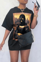 Schwarzes, lässiges Patchwork-T-Shirt-Kleid mit O-Ausschnitt