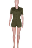 Green Casual Solid Patchwork Buckle Turndown Collar Straight Rompers
