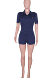 Deep Blue Casual Solid Patchwork Buckle Turndown Collar Straight Rompers