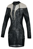 Negro sexy sólido patchwork transparente taladro caliente o cuello lápiz falda vestidos