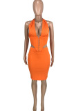 Orange Sexy Solid Patchwork Backless Asymmetrical Sleeveless Two Pieces Halter Crop Tops And Skirt Sets