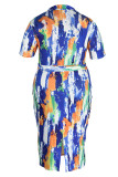 Синяя оранжевая сексуальная юбка с принтом в стиле граффити в стиле пэчворк и V-образным вырезом, одна ступенька, платья больших размеров