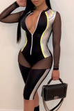 Black Sexy Solid Patchwork See-through Zipper Collar Regular Rompers